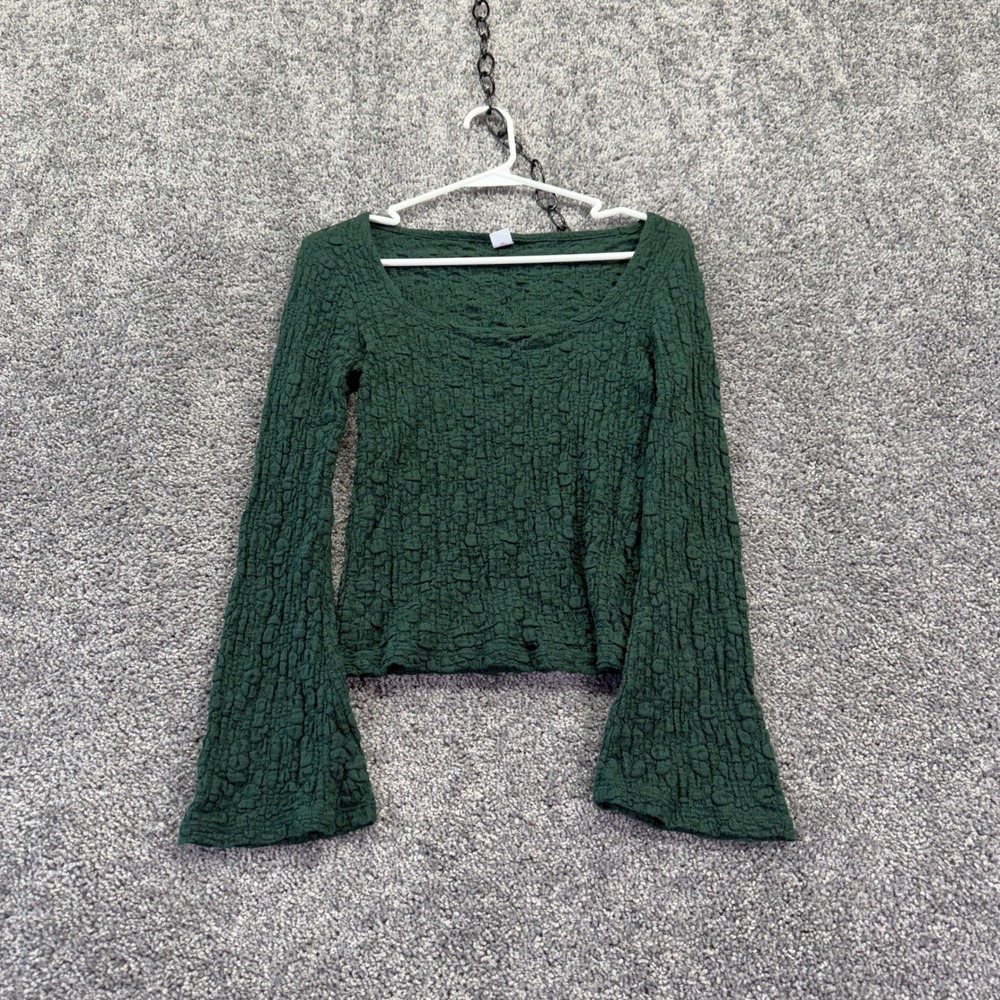 Old Navy Textured Bell Sleeve Top Womens Small Green Scoop Neck Popcorn Blouse